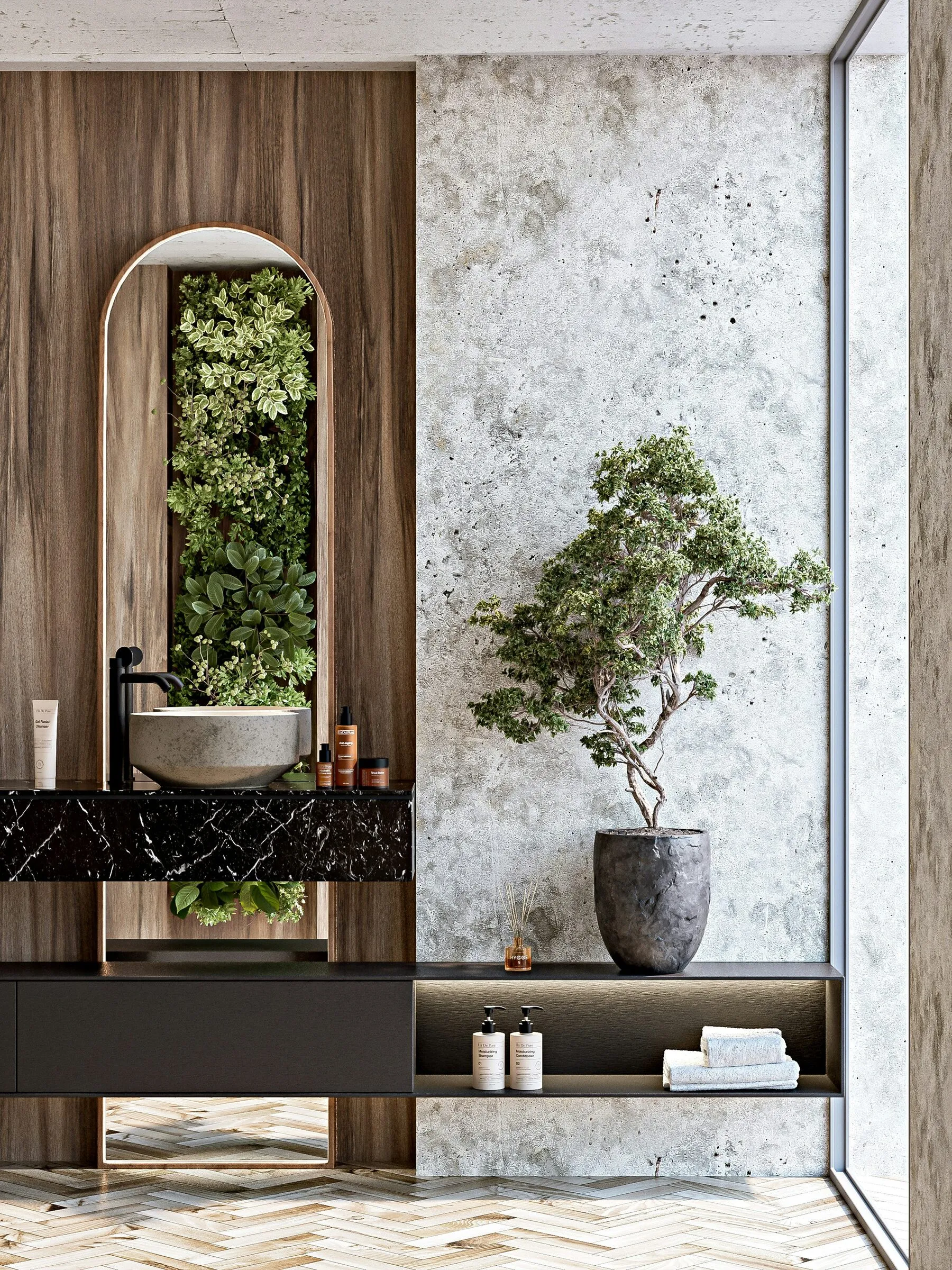 Bathroom with a timber wall, a stone wall and a small tree in a pot