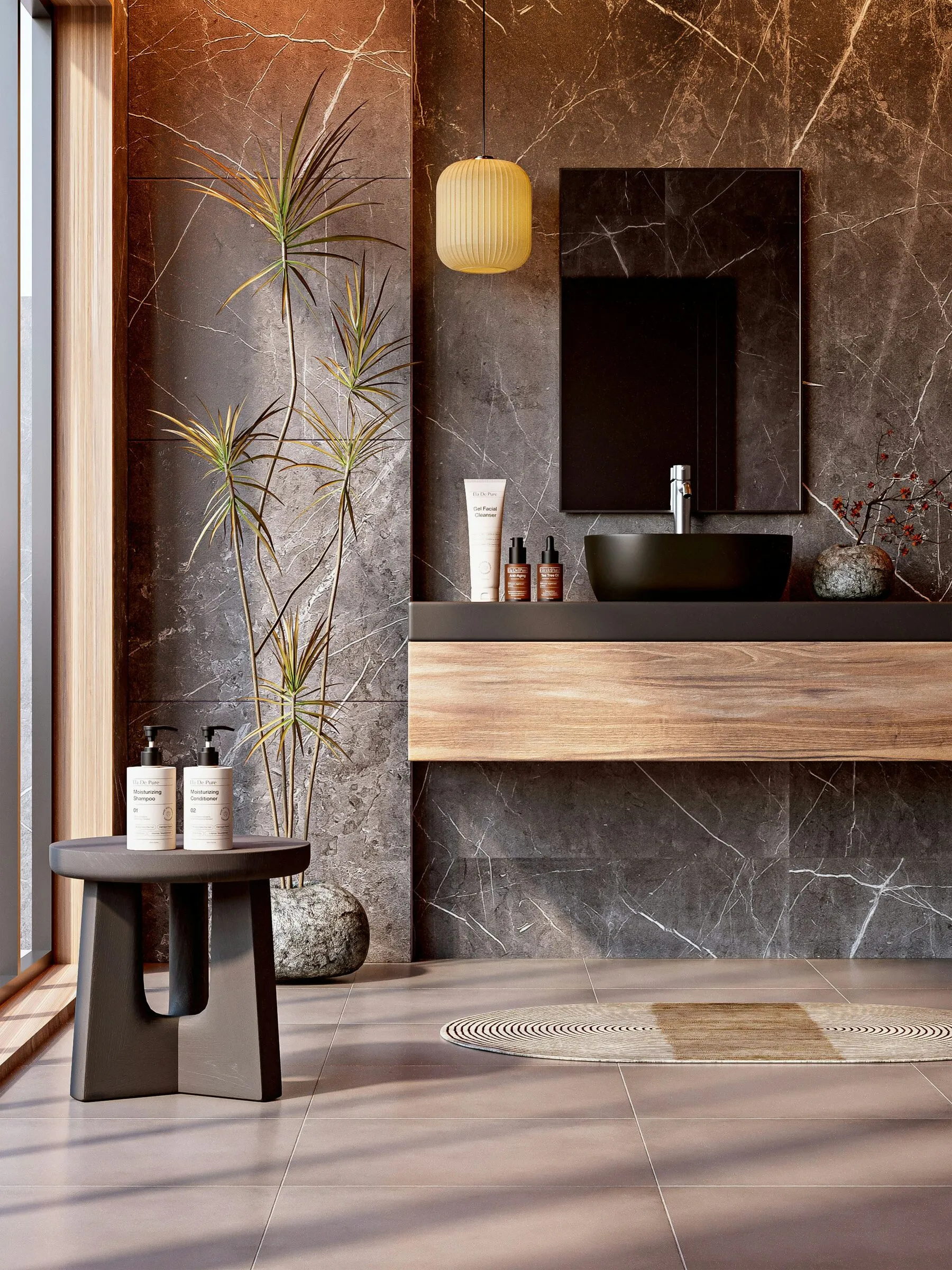 Bathroom with dark veined stone walls, a timber shelf and a black basin