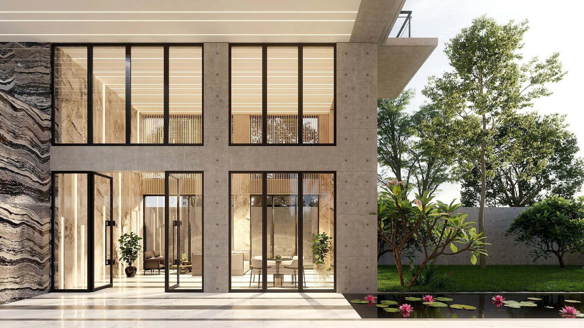 Stone and concrete house front with tall glazed openings and a garden